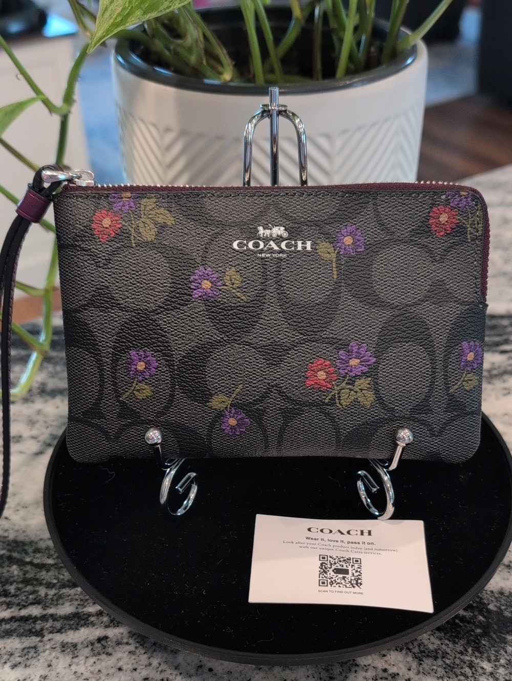 Coach Black Signature Jacquard Floral Zip Wristlet with Purple Trim